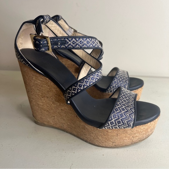 Jimmy Choo Portia Women’s 38 EU Navy Leather Cork Wedge Sandals 4.75” Heel - Picture 1 of 7